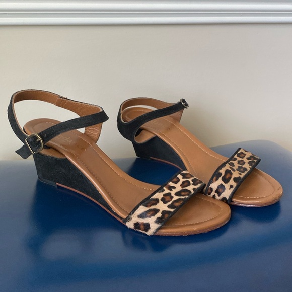 Strappy Leopard Pony Hair Leather Wedge Sandals - Picture 1 of 8